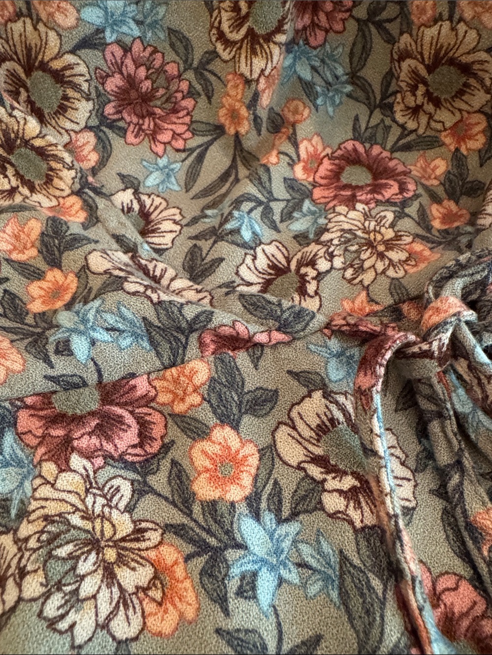 Maurices Dusty GreenFloral Wrap Top with Peach and Cream Blooms - Picture 3 of 12
